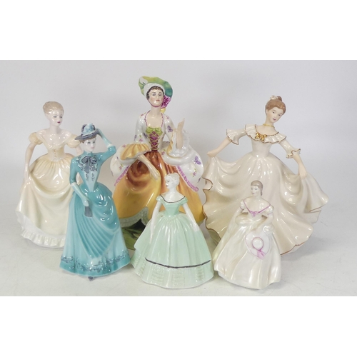 243 - Three Coalport figures Emily, Estelle and Chantilly lace together with damaged Peggy Davies figure l... 