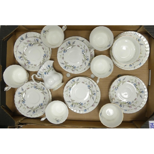 354 - Royal Albert Brigadoon tea ware to include 6 trios, milk jug and sugar bowl (1 tray)