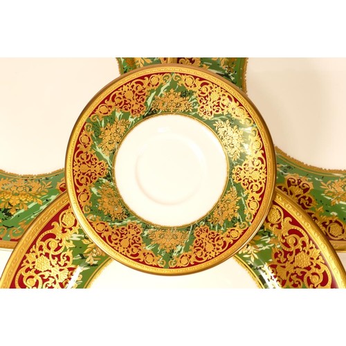 312 - De Lamerie Fine Bone China heavily gilded Majestic Marble Green & Crimson patterned dinner ware to i... 