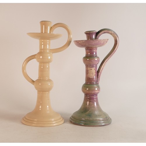 316 - Two Wileman & Co. Spano-Lustra candlesticks.  Iridescent glaze and Faience decoration. Height: 30cm ... 