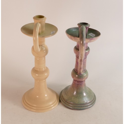 316 - Two Wileman & Co. Spano-Lustra candlesticks.  Iridescent glaze and Faience decoration. Height: 30cm ... 