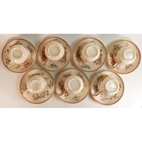 317 - Seven J. F. Wileman Mammoth cups and caucers. Depicting the 'Four Seasons' pattern. Damages noted (1... 