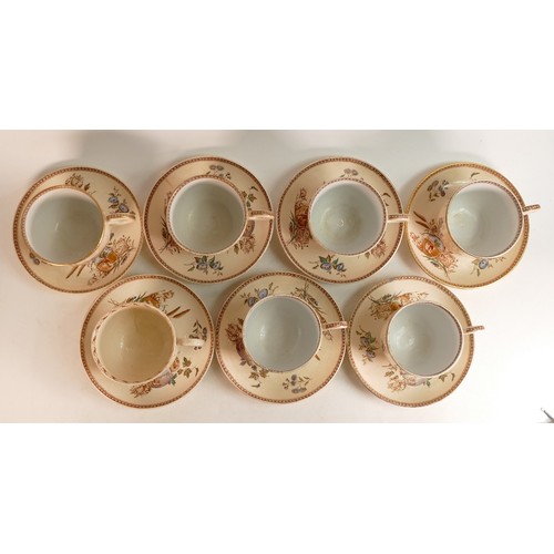 317 - Seven J. F. Wileman Mammoth cups and caucers. Depicting the 'Four Seasons' pattern. Damages noted (1... 