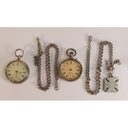 787 - Silver pocket watch, with two silver albert chains and medal, chains 126.6g and steel pocket watch f... 