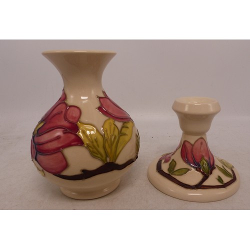 277C - Moorcroft Pink Magnolia Candlestick together with Moorcroft Pink Magnolia on cream ground vase. Heig... 