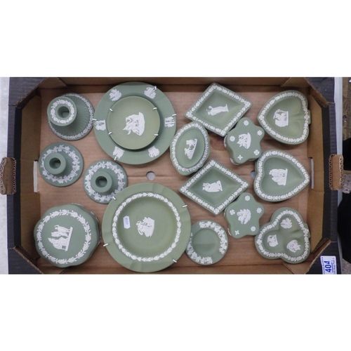 404 - A mixed collection of Wedgwood Sage Green jasperware items to include pin dishes, candlesticks, wall... 