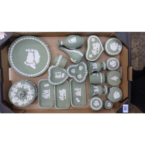 405 - A mixed collection of Wedgwood Sage Green jasperware items to include lidded pots, vases, wall plate... 