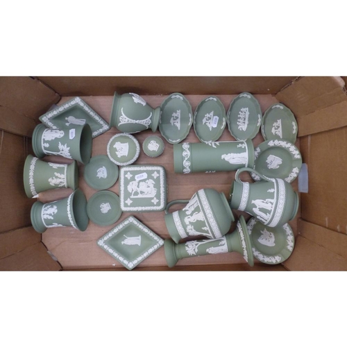 406 - A mixed collection of Wedgwood Sage Green jasperware items to include spill vase, jugs, vases, candl... 