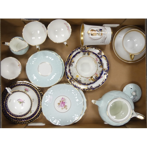 408 - A mixed collection of items to include Aynsley blue and gold gilt tea for two set, Coalport trio, co... 