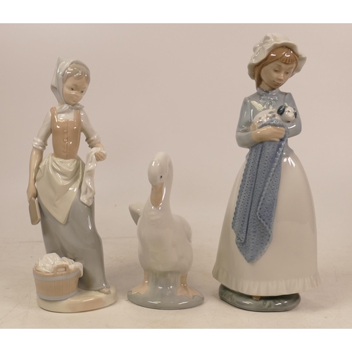 57 - Three Nao figures to include Goose, girl holding puppy and girl doing the washing (3)