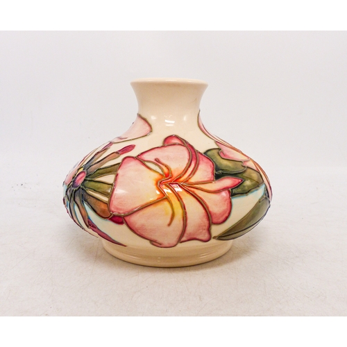 410 - Moorcroft Frangipani Design Squat Vase. Monogrammed WM to base. Height: 10cm