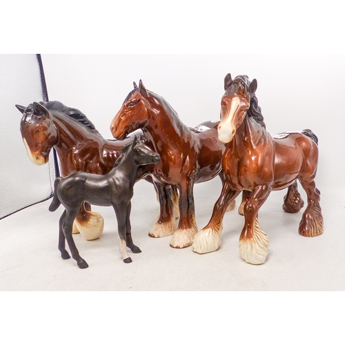 500 - Four Horses to include Royal Doulton Brown Shire Horse, unmarked Action and Cantering Shires and a B... 