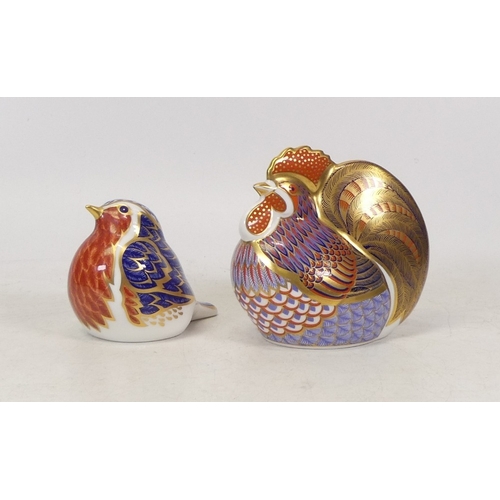 278B - Two Royal Crown Derby Paper Weights to include robin gold stopper and cockerel silver stopper