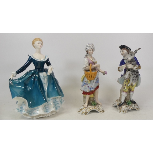 175 - Three ceramic figures to include Royal Doulton Lady figure Janine HN2461, seconds and two Sitzendorf... 