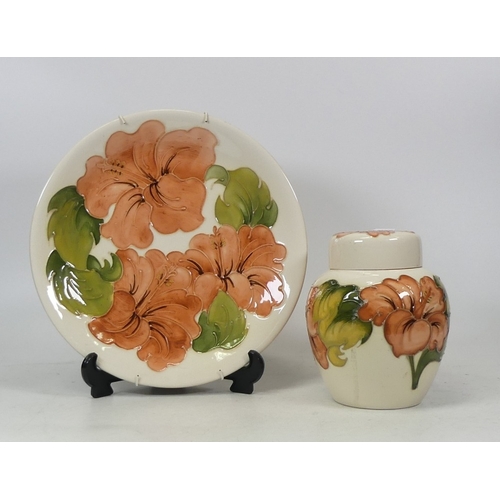 186 - Two Moorcroft Hibiscus on Cream Ground Items to include Plate and Ginger Jar (2)