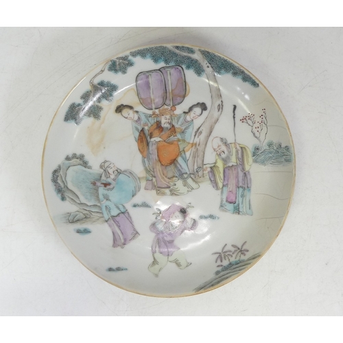 219 - Chinese shallow dish with painting of immortals , restored 
approx size 17cm