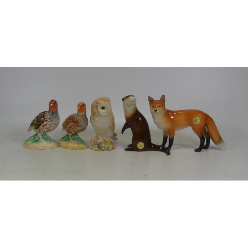 483 - Beswick selection of animals to include Two Partridge, A  Standing Otter, Barn Owl and A Fox (5)