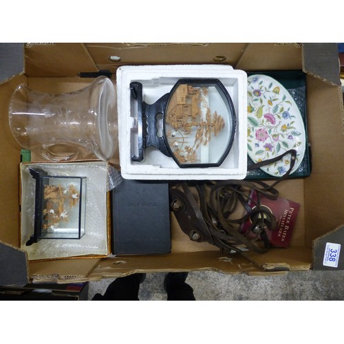 338 - A mixed collection of items to include Vintage leather baby reigns, Minton Haddon Hall dish, cork pi... 