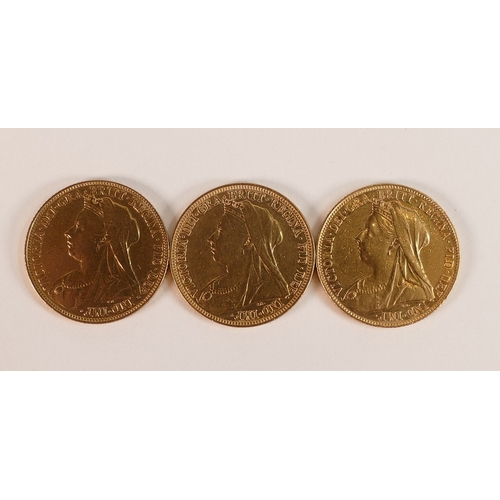 831 - Victoria (Veiled head) full sovereigns, dated 1895 and 2x 1899. (3)