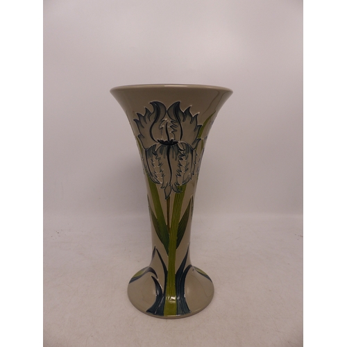 422 - Moorcroft Green Iris Design Trumpet Vase. Height: