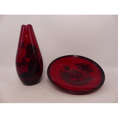 509 - Royal Doulton Two Woodcut Flambe items, including a Vase and a Dish. Height of vase: 16.5cm