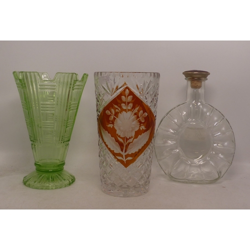 68 - Three Items of Glass to include a Bohemian Crystal Orange Vase with etched flowers, Uranium glass va... 