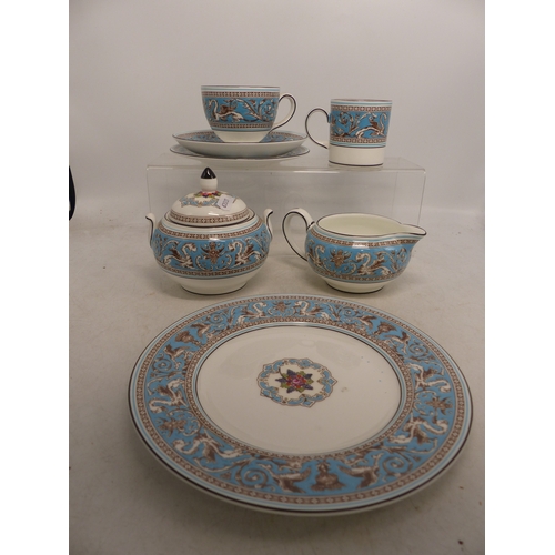 119 - Wedgwood Blue Florentine Teaware to include Milk Jug, Sugar Bowl, Coffee Cans, Teacups and Saucers (... 