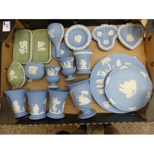 17 - A Collection of Wedgwood Blue and Sager Green Jasperware vases, trays, dishes (1 Tray)