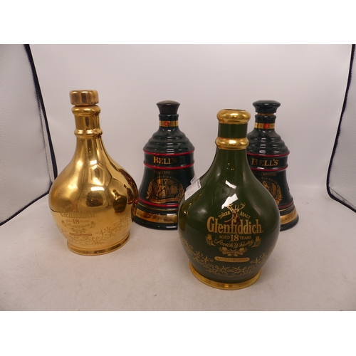 289 - Four Ceramic Whisky Decanters to include Wade Bells Extra Special and Glenfiddich 18 Years in Green ... 