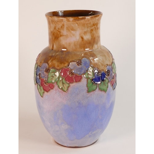 110 - Royal Doulton Lambeth Stoneware Vase with floral decoration in polychrome colours. Height: 28.5cm