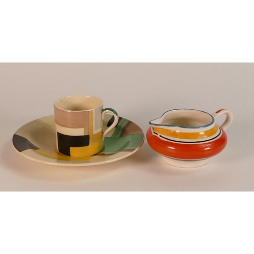 119 - Susie Cooper, An Art Deco Geometric Design Coffee Can and Saucer together with Banded Vivid Milk Jug... 