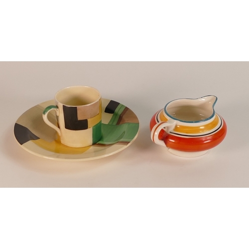 119 - Susie Cooper, An Art Deco Geometric Design Coffee Can and Saucer together with Banded Vivid Milk Jug... 