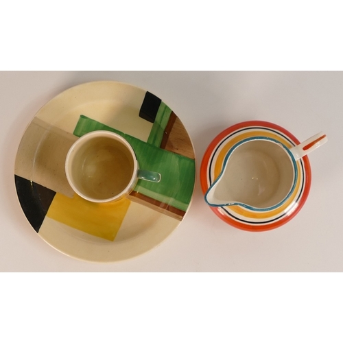 119 - Susie Cooper, An Art Deco Geometric Design Coffee Can and Saucer together with Banded Vivid Milk Jug... 