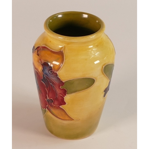 127 - Moorcroft, Small Vase in the Orchid Design on unusual Yellow Ground. Height: 9.5cm