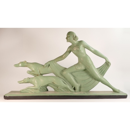 139 - Large Art Deco Painted Plaster Figure of Lady with Two Dogs. Green Body with Black Base. Length: 83c... 