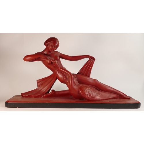 140 - Large Art Deco Painted Plaster Figure of Reclining Lady with Swan. Red Body with Black Base. Signatu... 