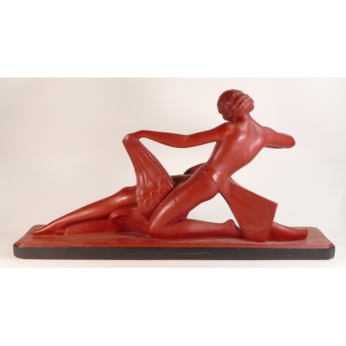 140 - Large Art Deco Painted Plaster Figure of Reclining Lady with Swan. Red Body with Black Base. Signatu... 