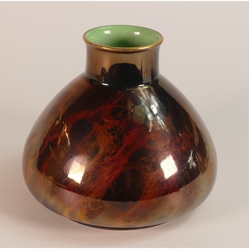 144 - Wilkinsons Oriflamme Squat Form Vase in Lustre Glaze with Gilt Rim and Green Interior.  Height: 13cm