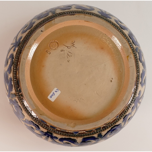 145 - Doulton Lambeth, Stoneware Bowl with Hallmarked silver rim. Decorated with scrolling foliage. Impres... 