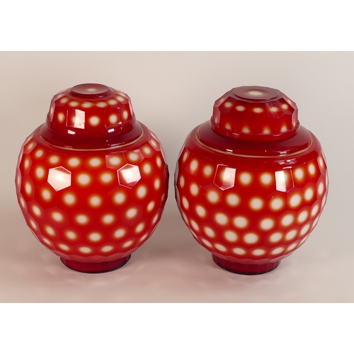 152 - A Pair of Peking Glass Ginger Jar and Cover. Red with White Exposed Hexagonal Panels. Height: 19cm (... 