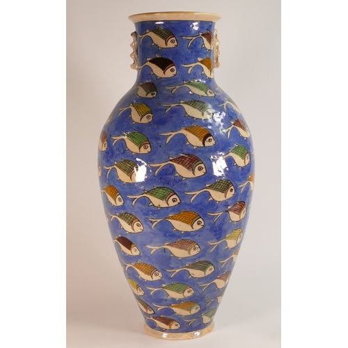 181 - Large Persian Qajar Style Vase decorated with Swimming Fish on Blue Ground. Height: 58cm a/f