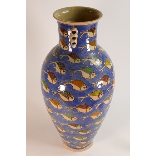 181 - Large Persian Qajar Style Vase decorated with Swimming Fish on Blue Ground. Height: 58cm a/f