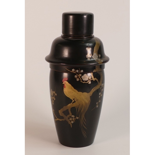 198 - Early 20th Century Japanese Lacquer Cocktail Shaker. Painted with Cockerel on a Cherry Blossom Bough... 