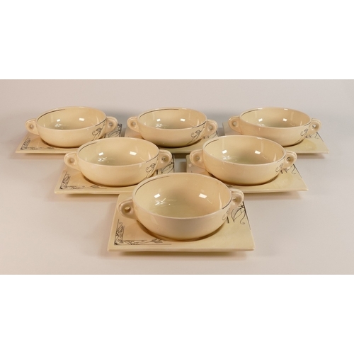 211 - Clarice Cliff for Wilkinson, Biarritz Six Bouillon Cups including Bowls and Saucers (6)