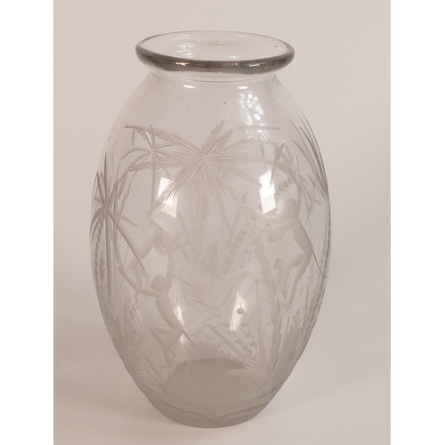 222 - Daum, Early 20th Century Etched Glass Vase of Ovoid Form. Decorated with images of monkeys in Palm T... 