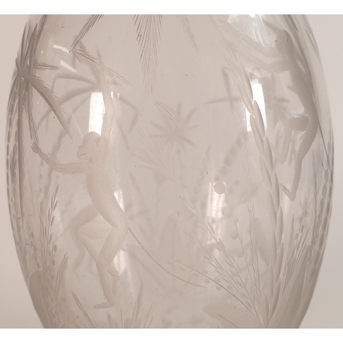 222 - Daum, Early 20th Century Etched Glass Vase of Ovoid Form. Decorated with images of monkeys in Palm T... 