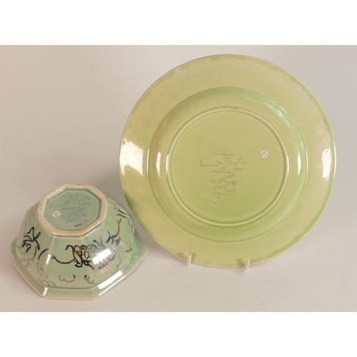 232 - Clarice Cliff for Wilkinson, Ernest Proctor Lustre Plate together with a Lidded Pot, missing lid. (2... 