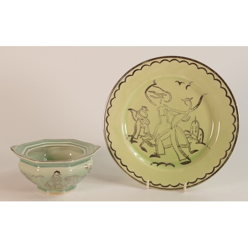 232 - Clarice Cliff for Wilkinson, Ernest Proctor Lustre Plate together with a Lidded Pot, missing lid. (2... 