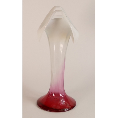 234 - An Art Nouveau Handblown Opaline and Cranberry Glass Vase with twin handles. Height: 33cm