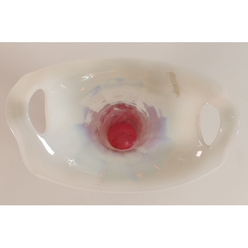 234 - An Art Nouveau Handblown Opaline and Cranberry Glass Vase with twin handles. Height: 33cm